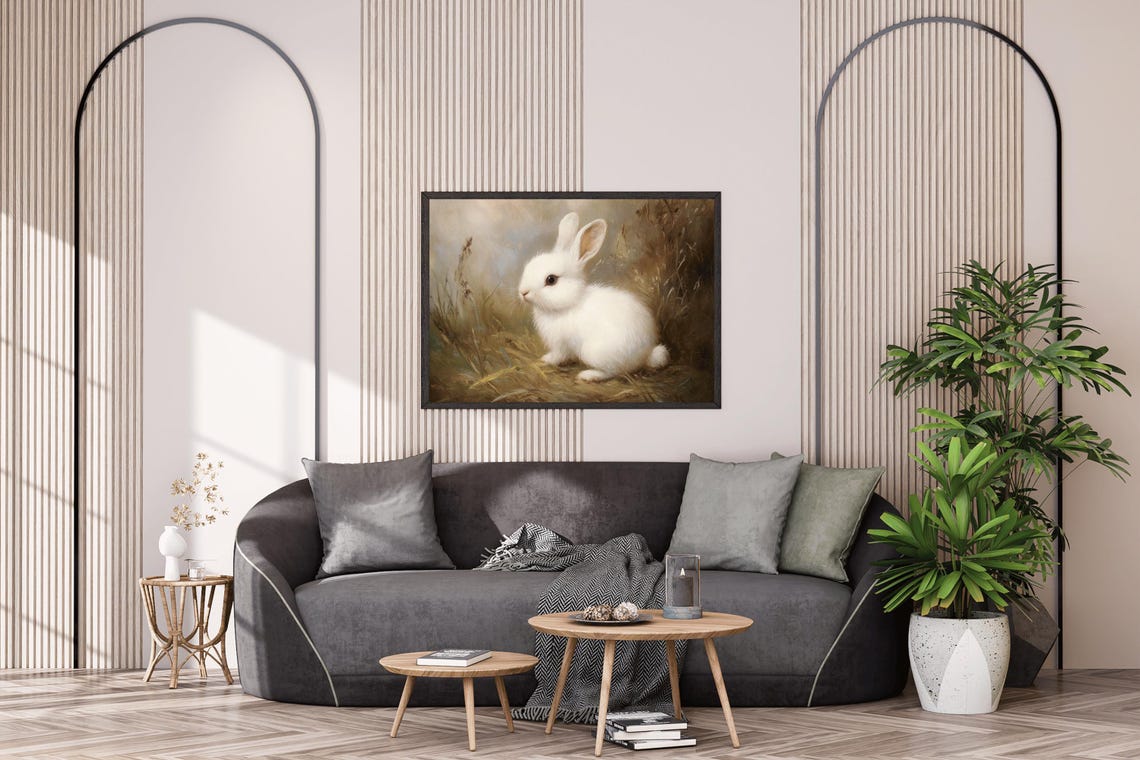 Cute White Bunny Vintage Oil Painting Style Instant Gift For Nursery Decor Childrens Room Wall Art Rabbit Gift - Image 2