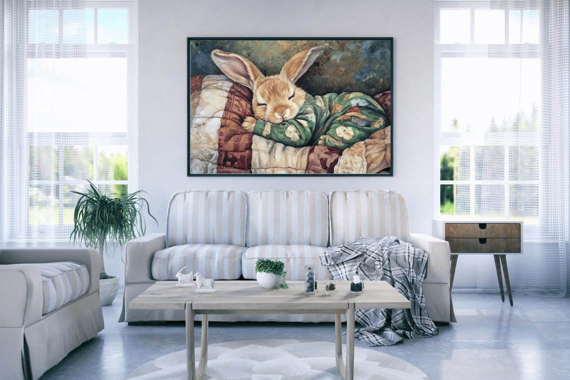 Sleeping Bunny In Green Pajamas On Cozy Quilt Vintage Wall Art Poster - Image 5