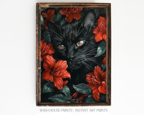 Black Cat Among Bold Red Flowers Dramatic Gothic Cat Art Poster