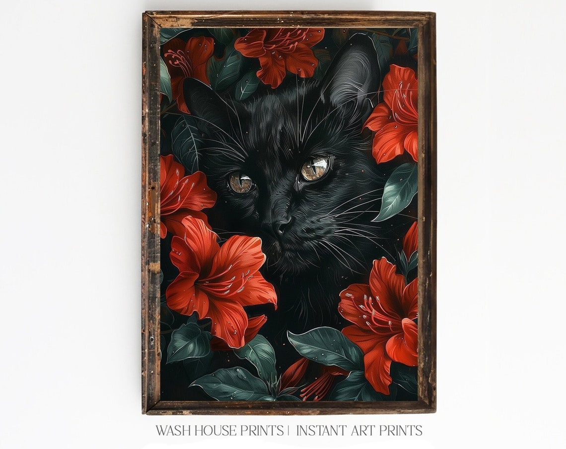 Black Cat Among Bold Red Flowers Dramatic Gothic Cat Art Poster