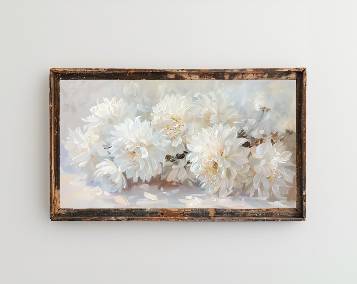 White Dahlia Blossoms Botanical Still Life Oil Painting Wall Art