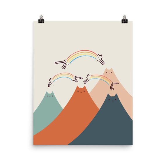 Cute Cat Mountains Rainbow Landscape Kawaii Kitten Cat Art Poster