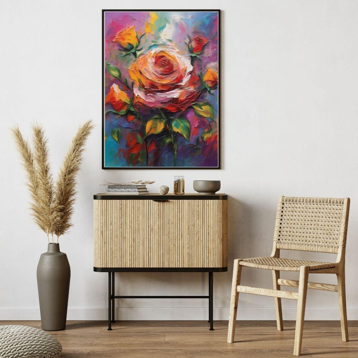 Orange Rose Flower Oil Painting Buds Purple Background Wall Art Print - Image 3