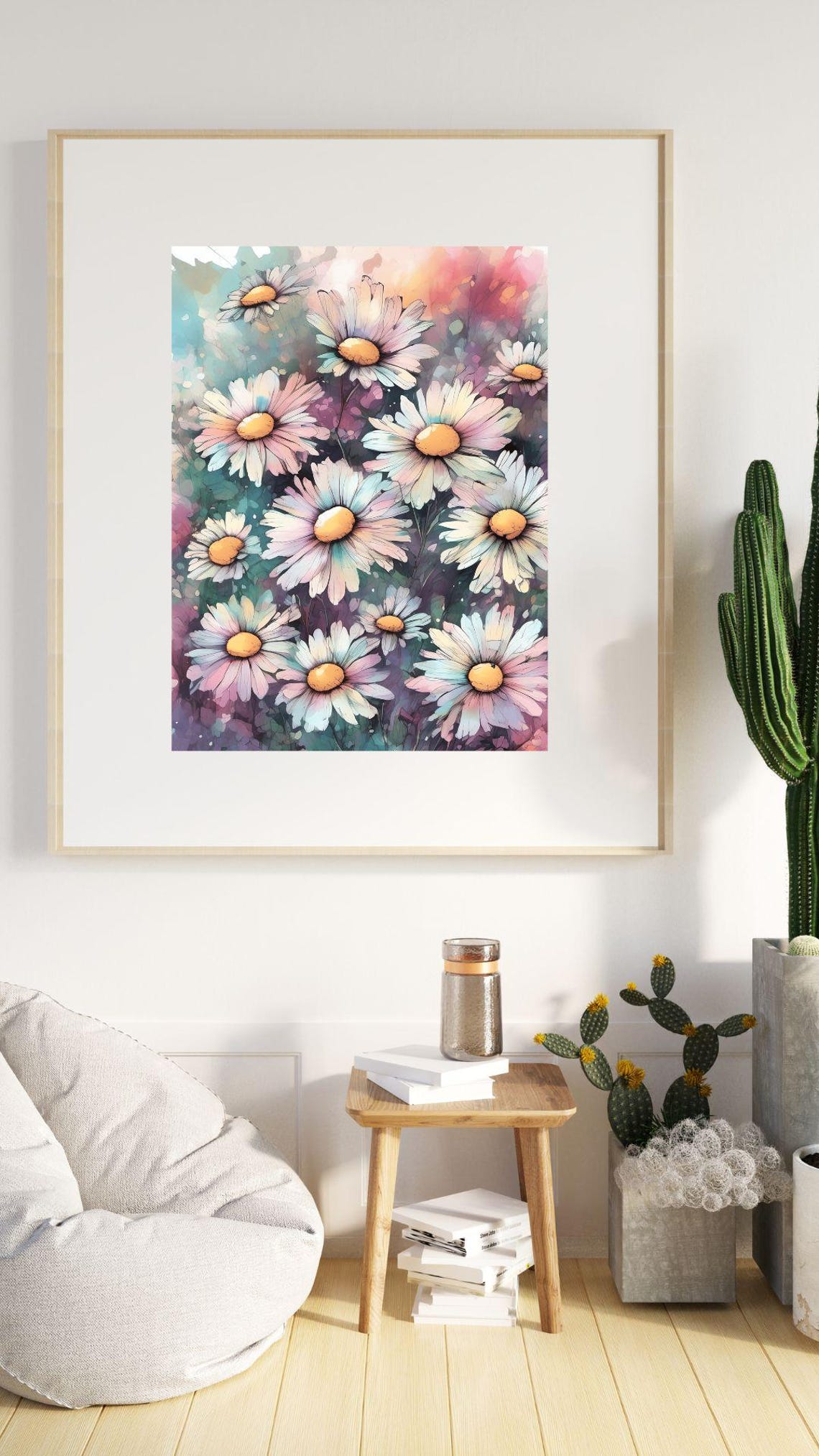 Pastel Daisy Field Watercolor Blooms Maximalist Floral Wall Art - Image 4