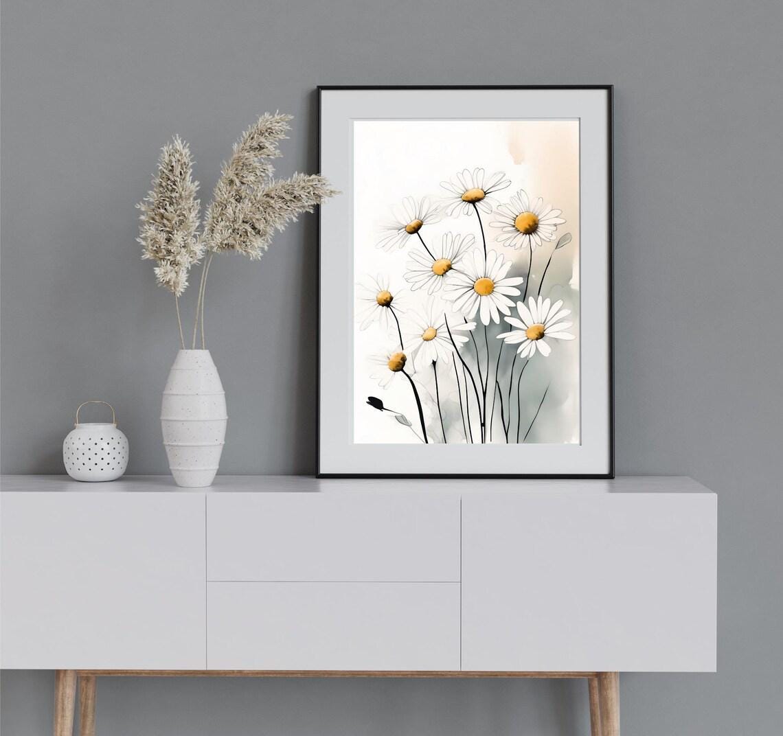 White Daisy Line Drawing Minimalist Botanical Floral Wall Art - Image 2