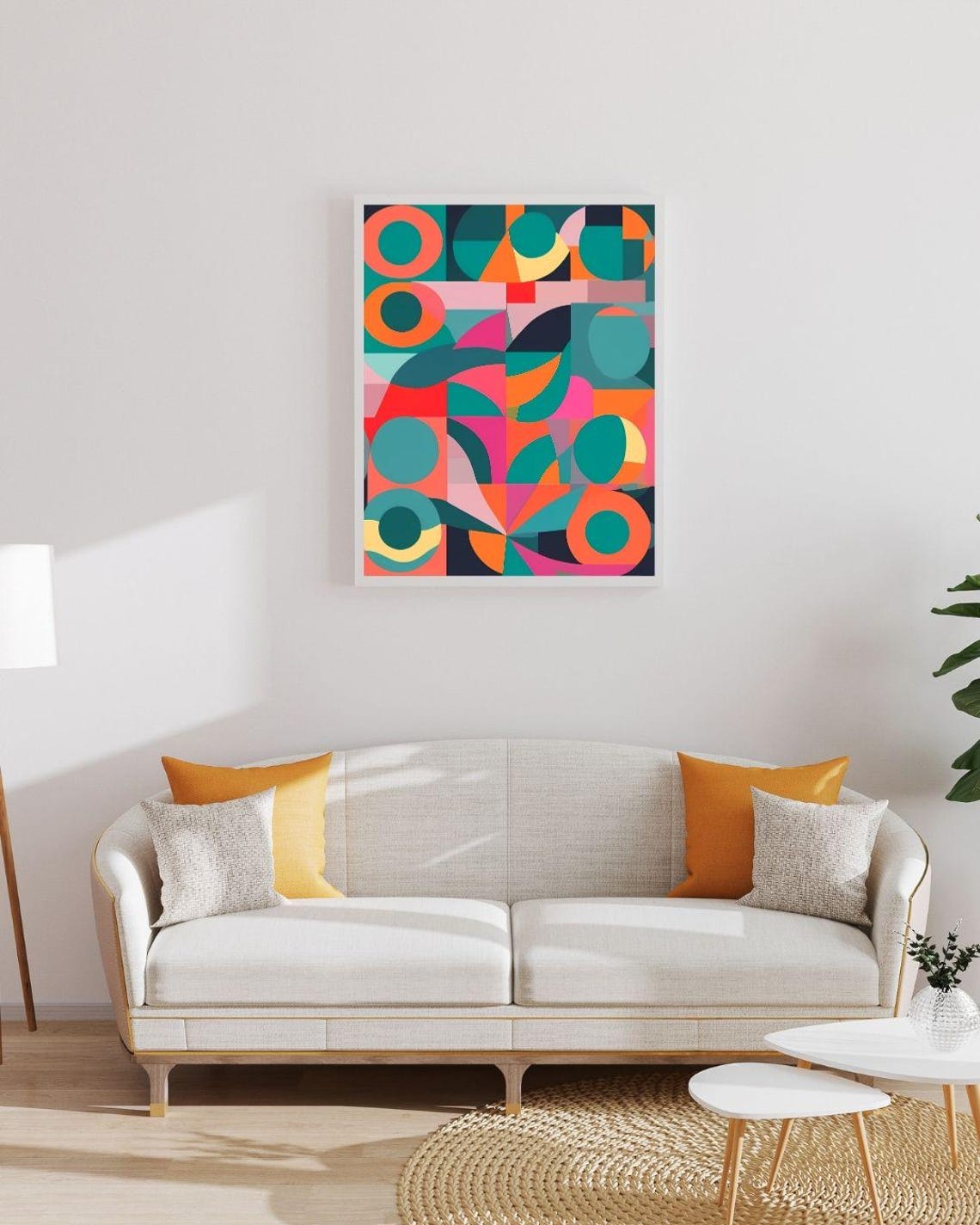 Mid Century Geometric Circles Teal Orange Pink Retro Modern Art Print - Image 3