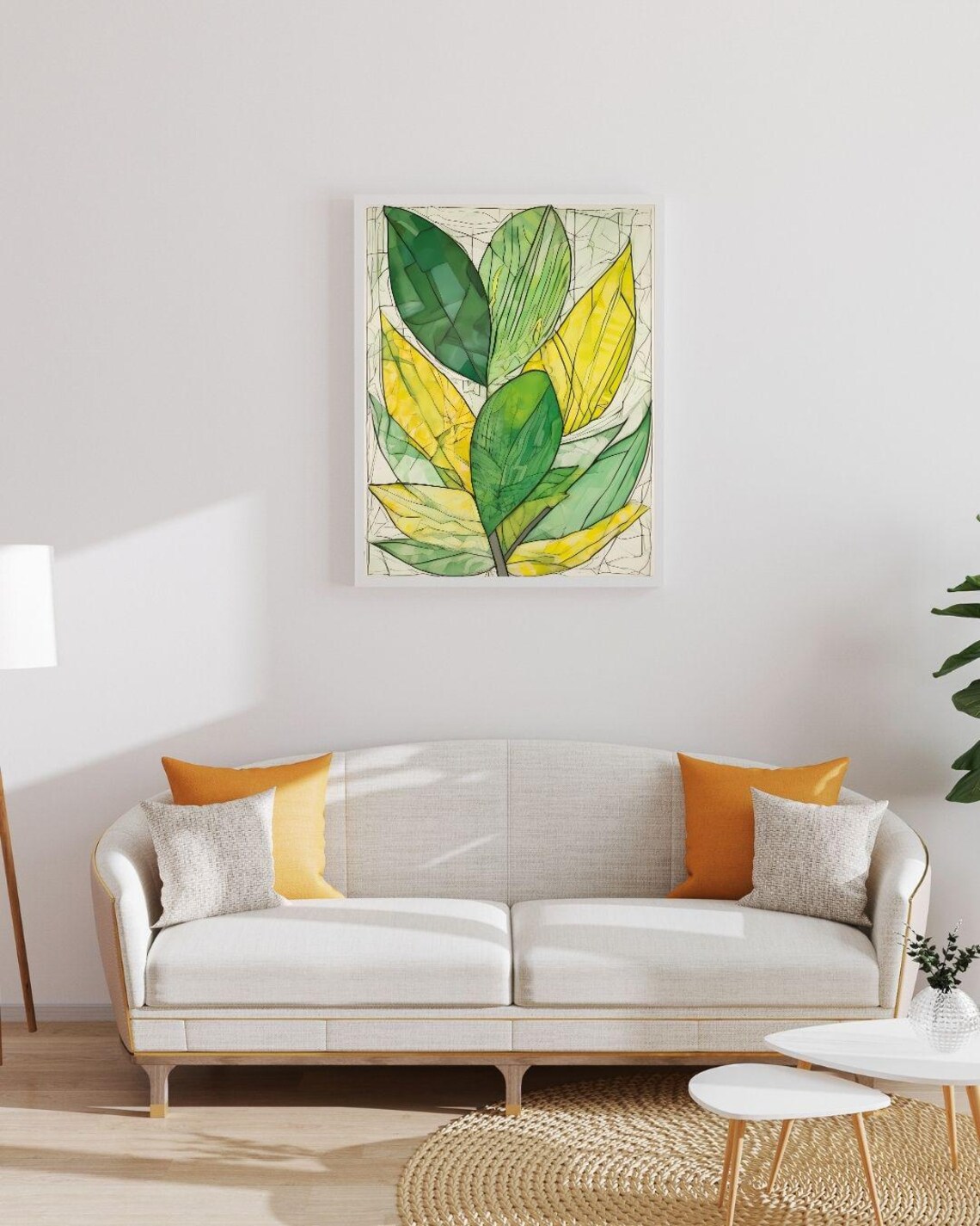 Green Yellow Botanical Leaves Watercolor Rubber Plant Sketch Art Print - Image 4