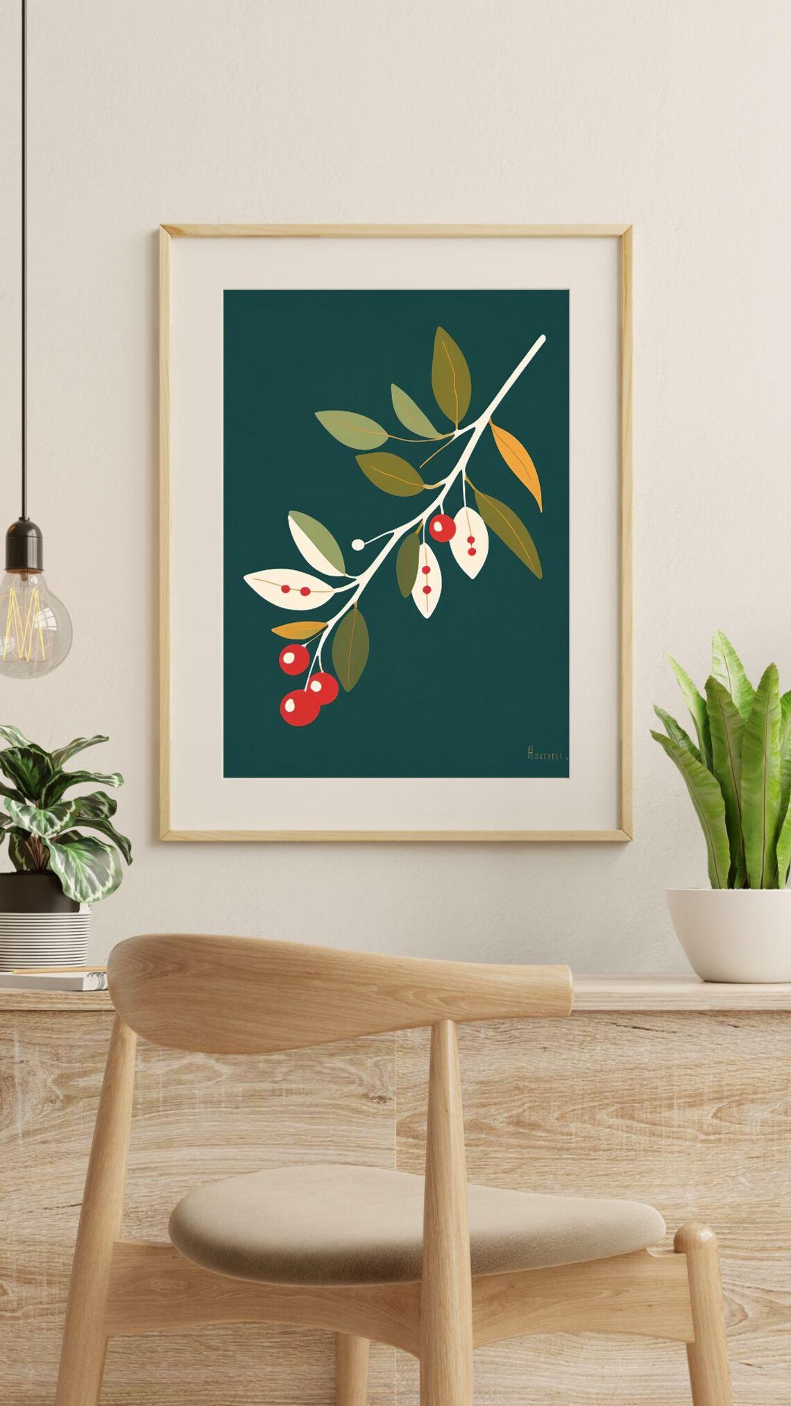Mistletoe Branch Illustration Red Berries Dark Teal Holiday Wall Art - Image 3