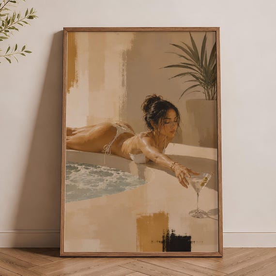 Martini Woman Poolside Print Modern Cocktail Wall Art Summer Decor Poster