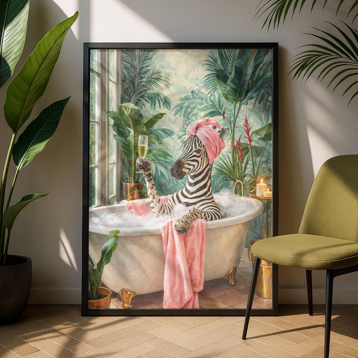 Zebra Bubble Bath Pink Towel Champagne Tropical Spa Bathroom Poster