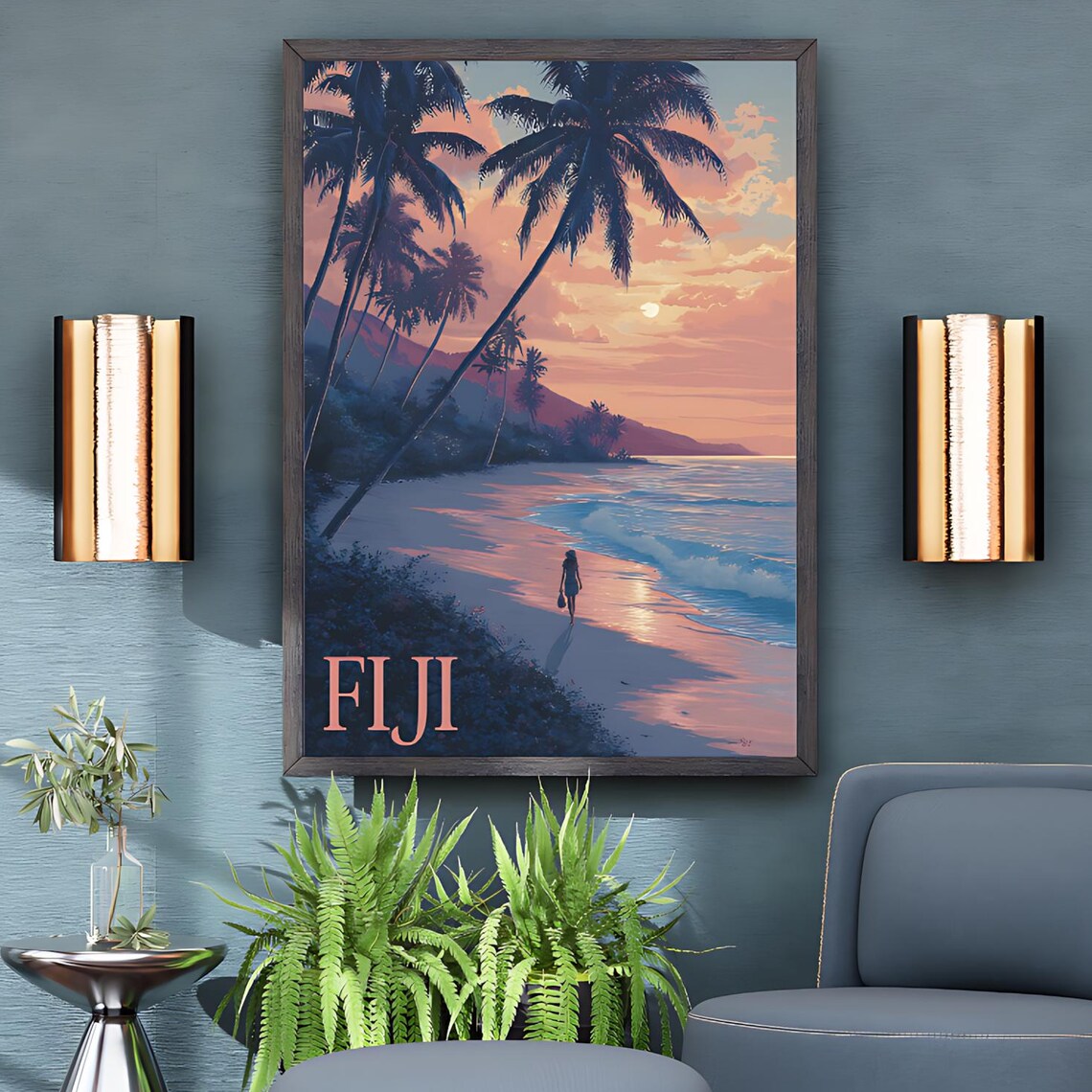 Fiji Vintage Travel Poster Sunset Beach Palms Island Escape Tropical