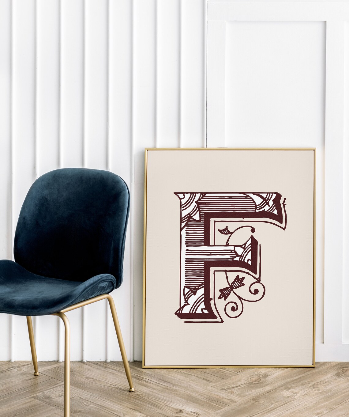 Letter F Burgundy Engraved Ornate Alphabet Typography Antique Book Poster - Image 3