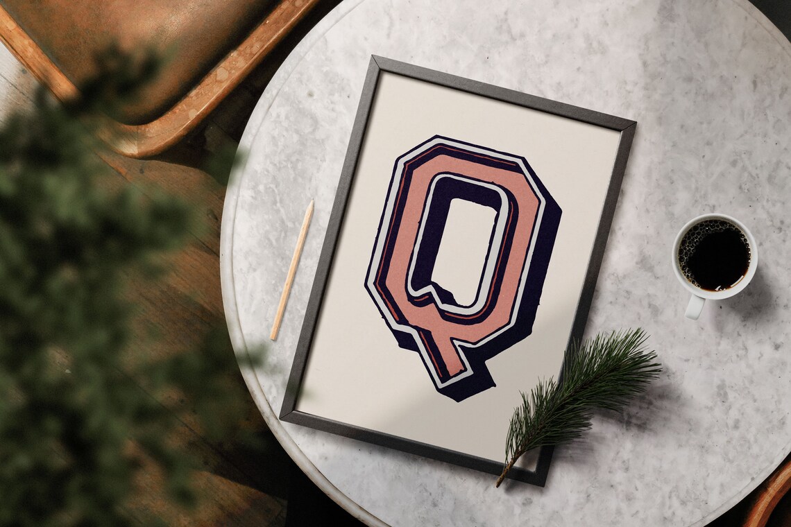 Letter Q Coral Pink Navy Varsity Alphabet Typography Teen Room Decor Poster - Image 5