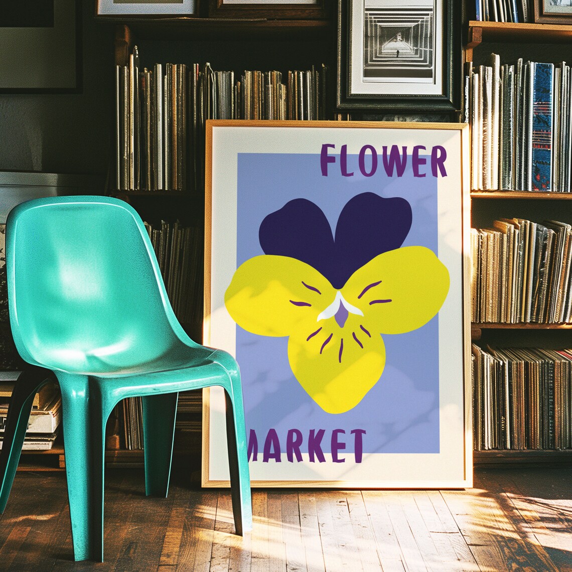 Yellow and Purple Pansy on Blue Vintage Flower Market Art Poster - Image 4