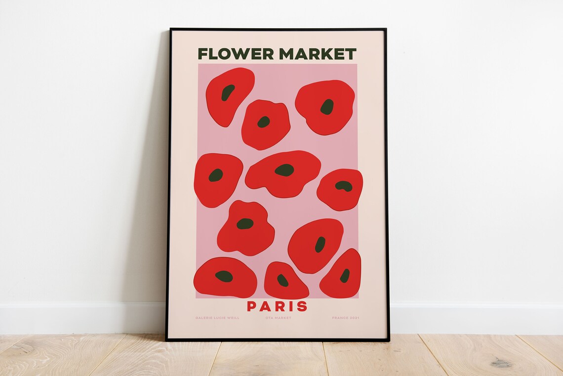 Paris Flower Market Poster Red Poppies On Pink Minimalist Floral Art - Image 2