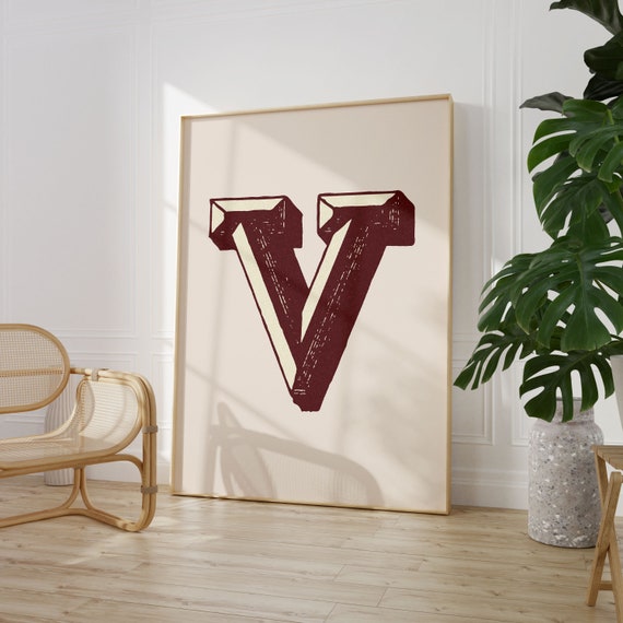 Vintage Initial Print Single Letter Alphabet Poster V Poster Eclectic Home Typography Decor Nursery Room Decor