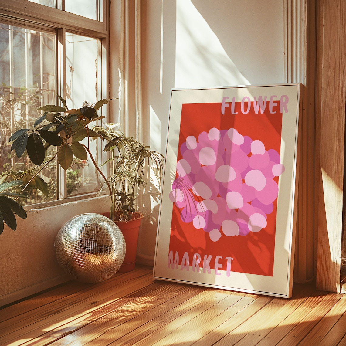 Pink Polka Dot Bloom on Fiery Red Retro Flower Market Art Poster