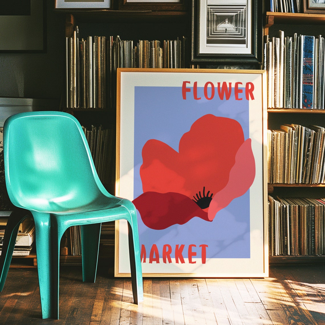 Red Poppy Blossom on Periwinkle Blue Retro Flower Market Poster - Image 4