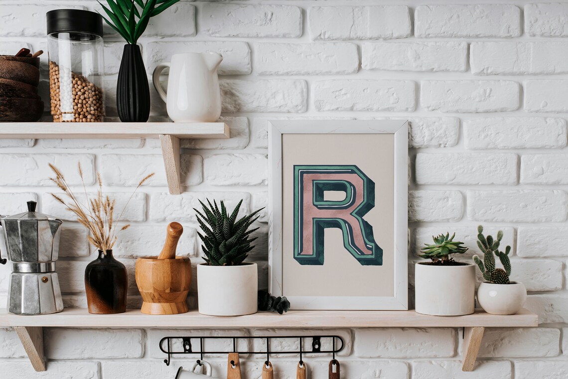 Letter R Pink Teal Varsity Alphabet Typography Girls Room Wall Decor Poster - Image 2