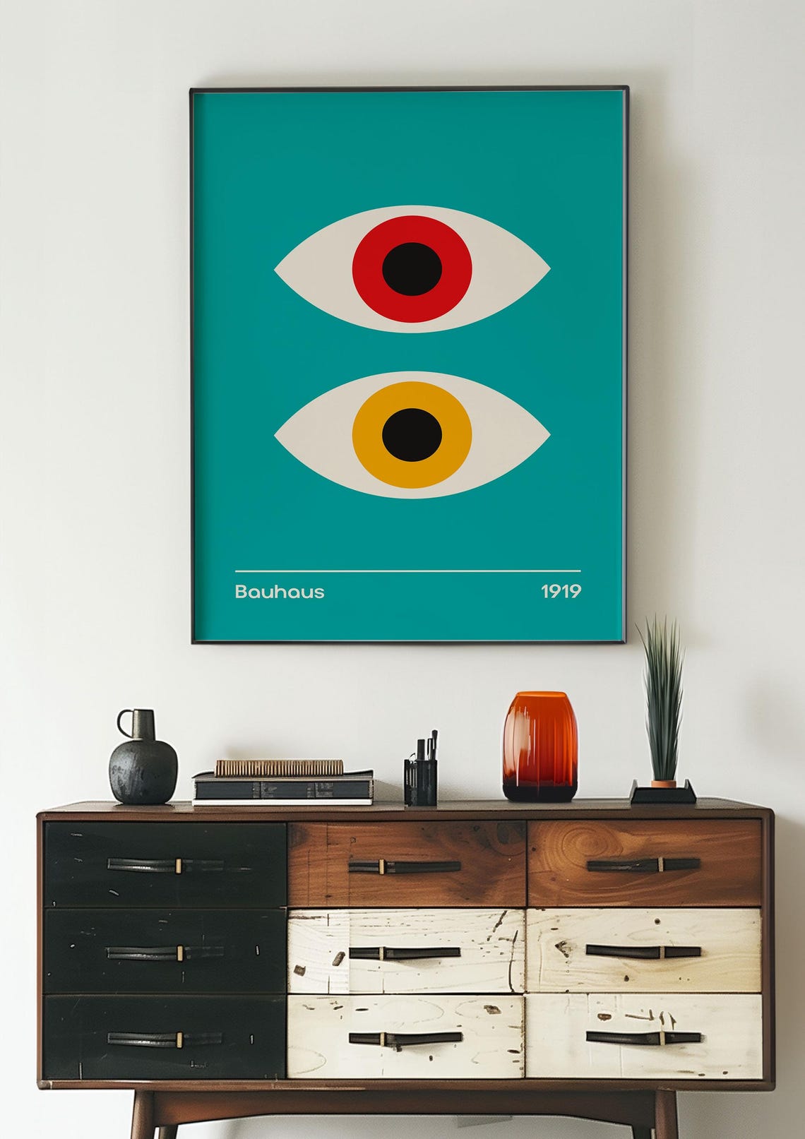 Bauhaus 1919 Double Eye Geometric Poster on Teal with Red and Gold - Image 3