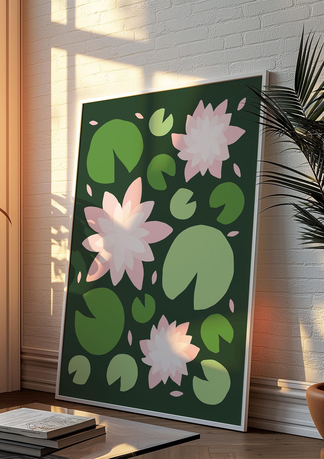 Pink Water Lilies on Deep Green Retro Maximalist Floral Poster - Image 3