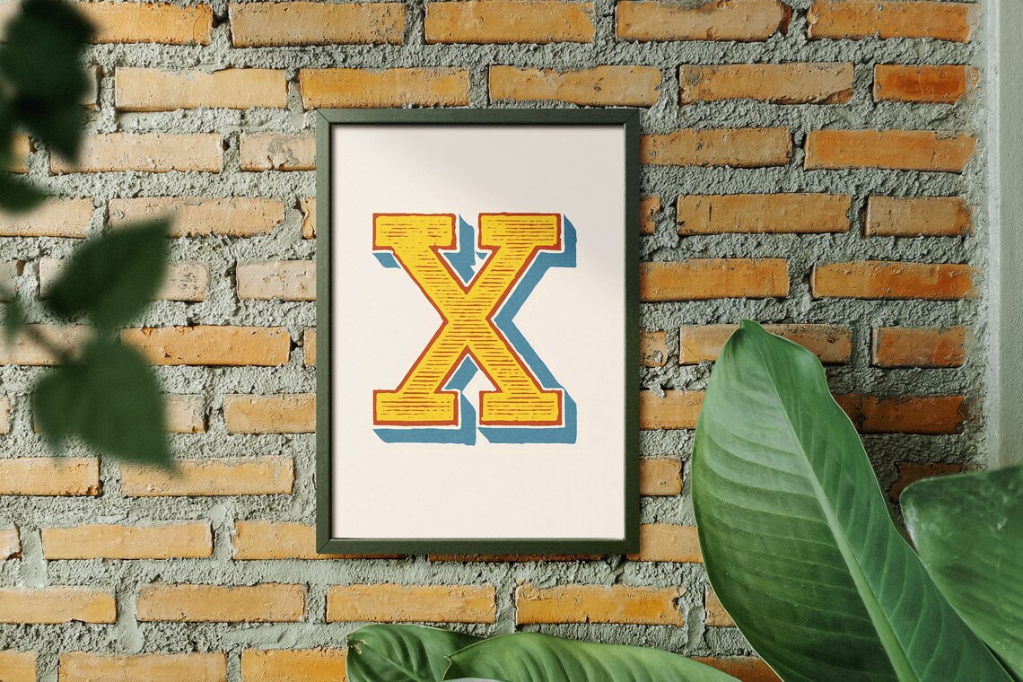 Letter X Golden Yellow Teal Striped Alphabet Typography Playroom Poster - Image 5