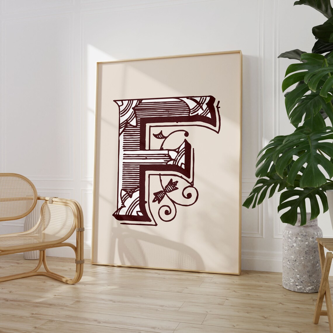 Letter F Burgundy Engraved Ornate Alphabet Typography Antique Book Poster