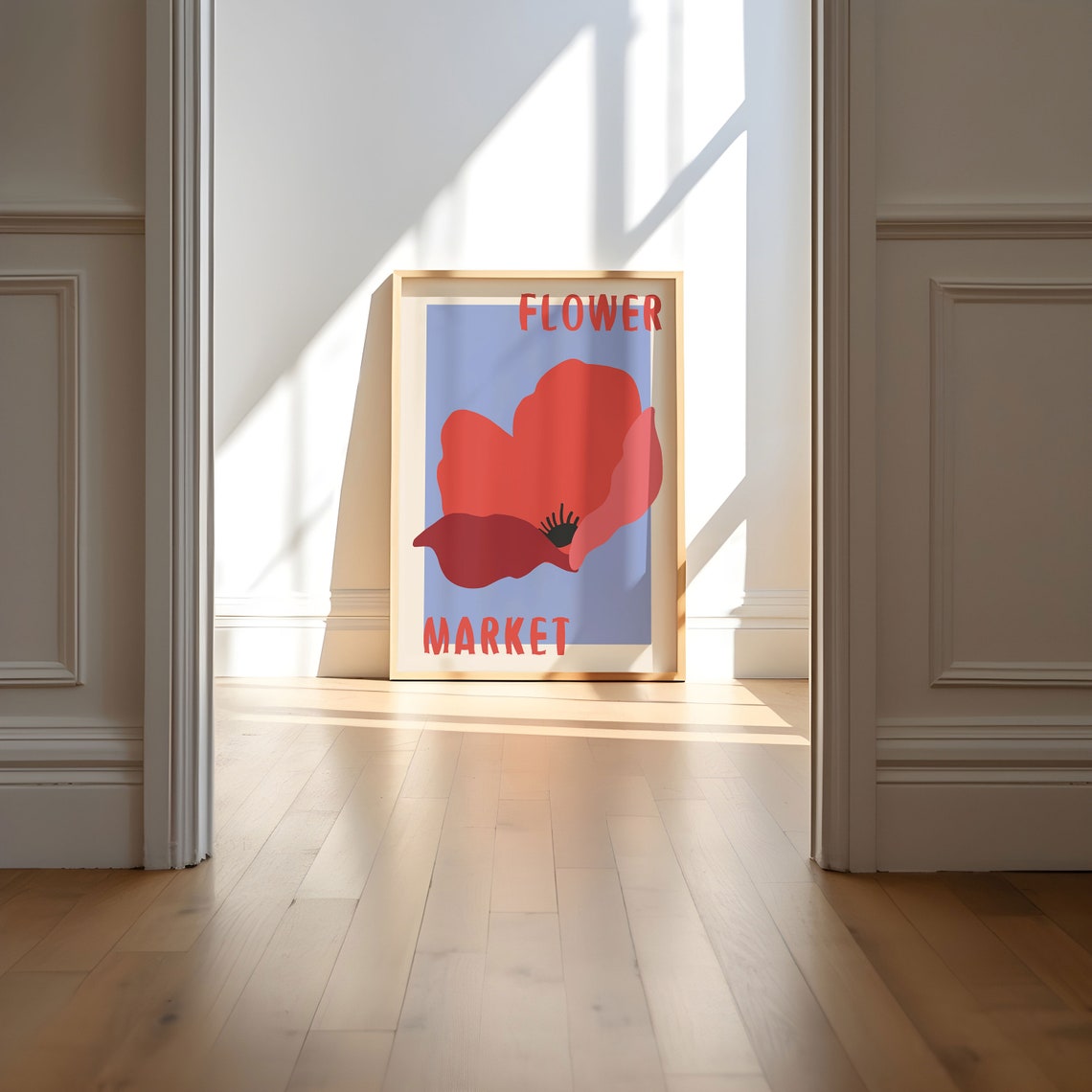 Red Poppy Blossom on Periwinkle Blue Retro Flower Market Poster - Image 5