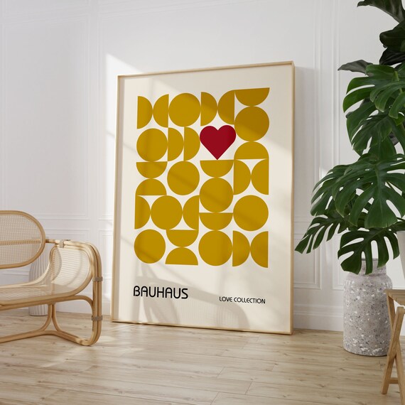 Bauhaus Yellow Geometric Love Printable Poster Maximalist Trendy Print Mid Century Modern Living Room Wall Art