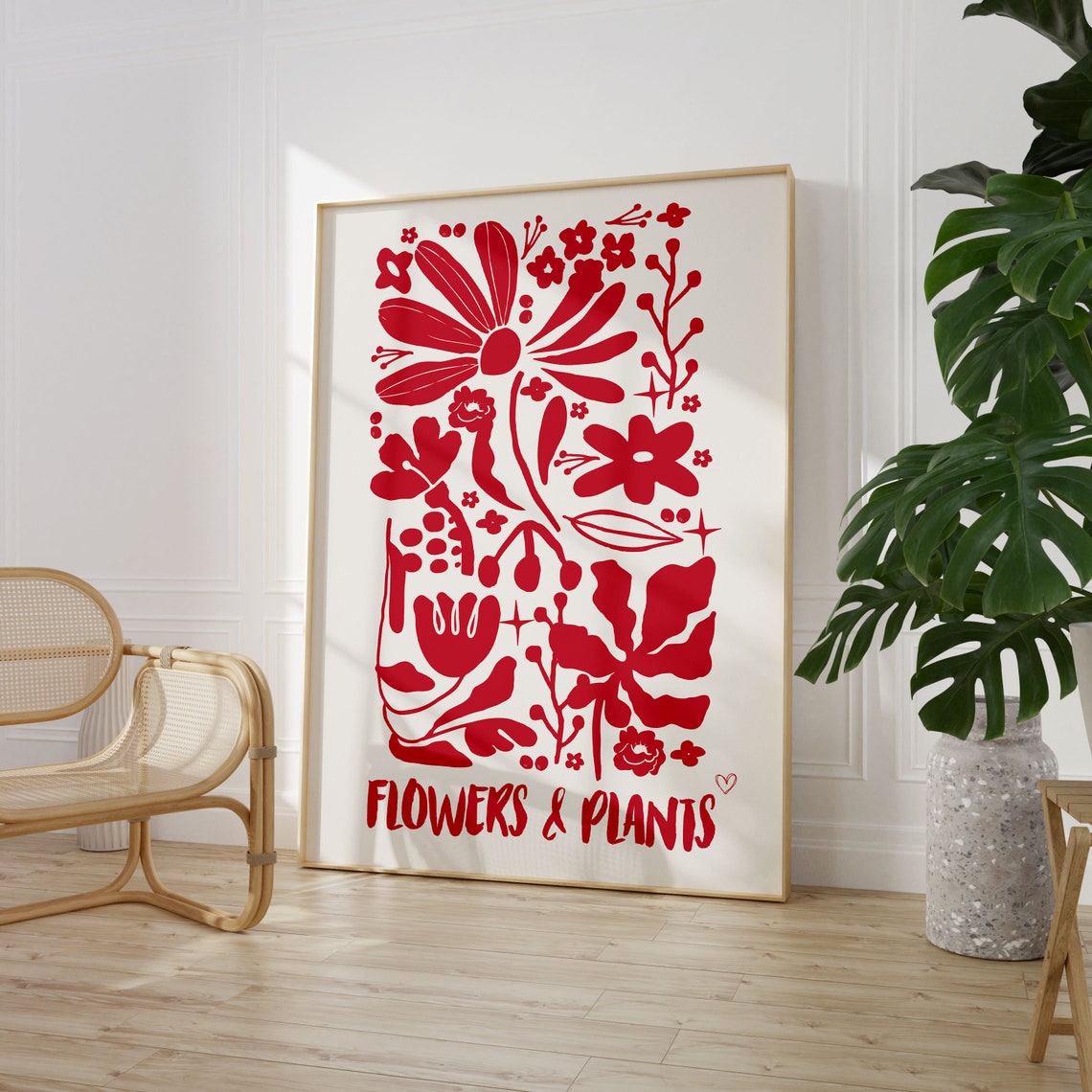 Bold Red Flowers and Plants Vintage Botanical Silhouette Art Poster