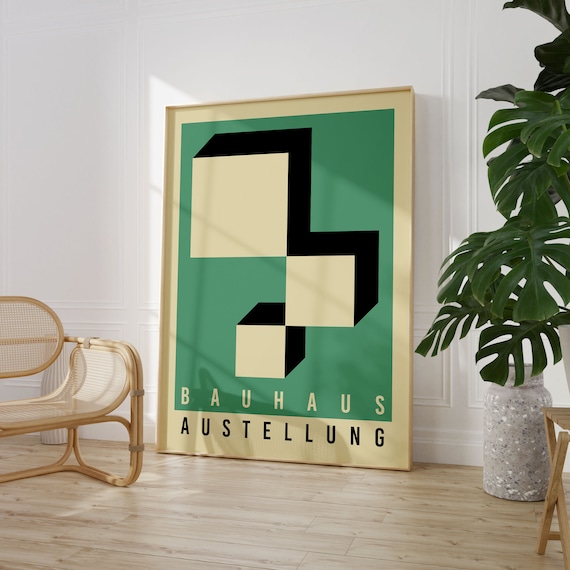 Bauhaus Ausstellung Poster Green Black 3D Geometric Blocks Art Deco