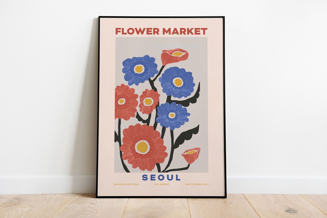 Seoul Flower Market Poster Blue Orange Bouquet Modern Botanical Art - Image 2