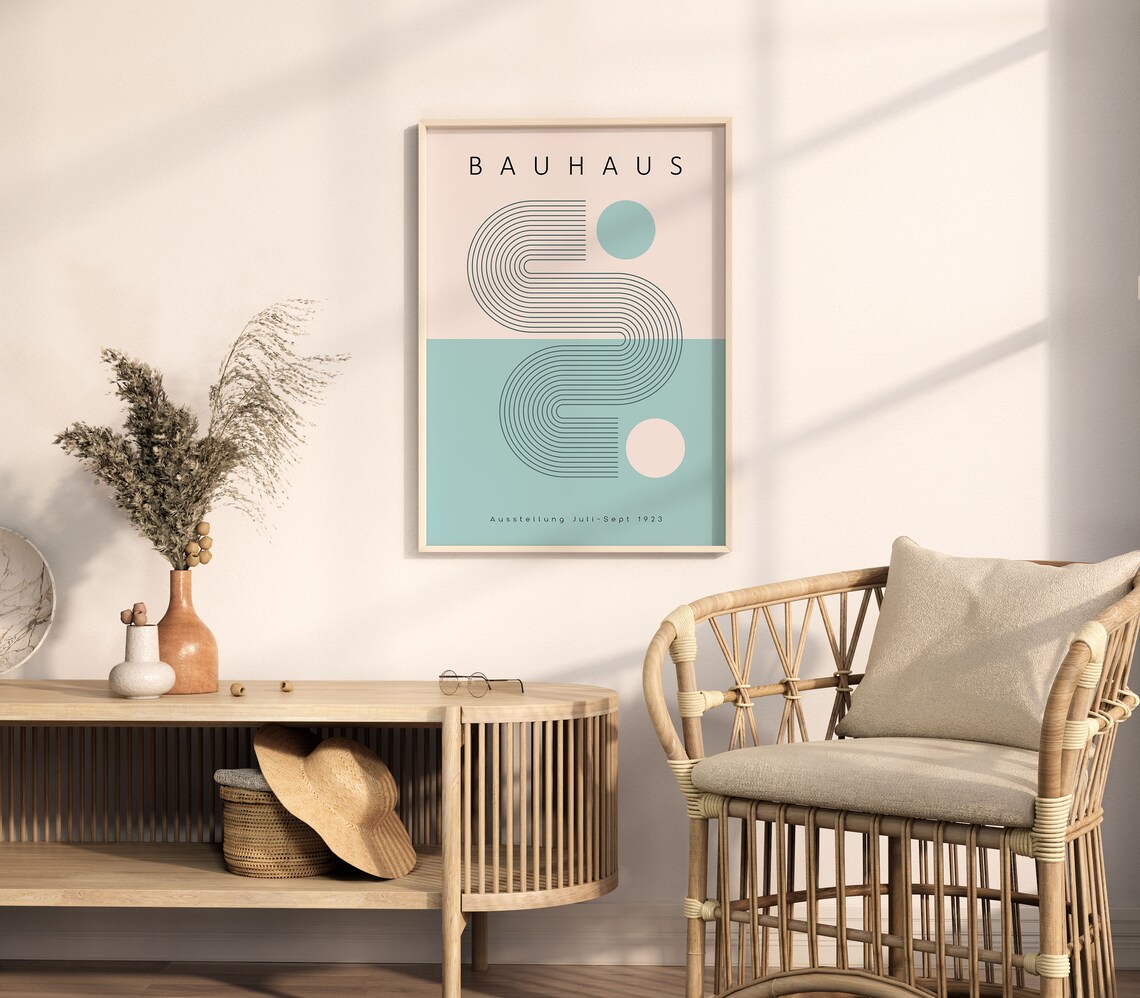 Bauhaus 1923 Exhibition Geometric Abstract Baby Blue Mid Century Poster - Image 5