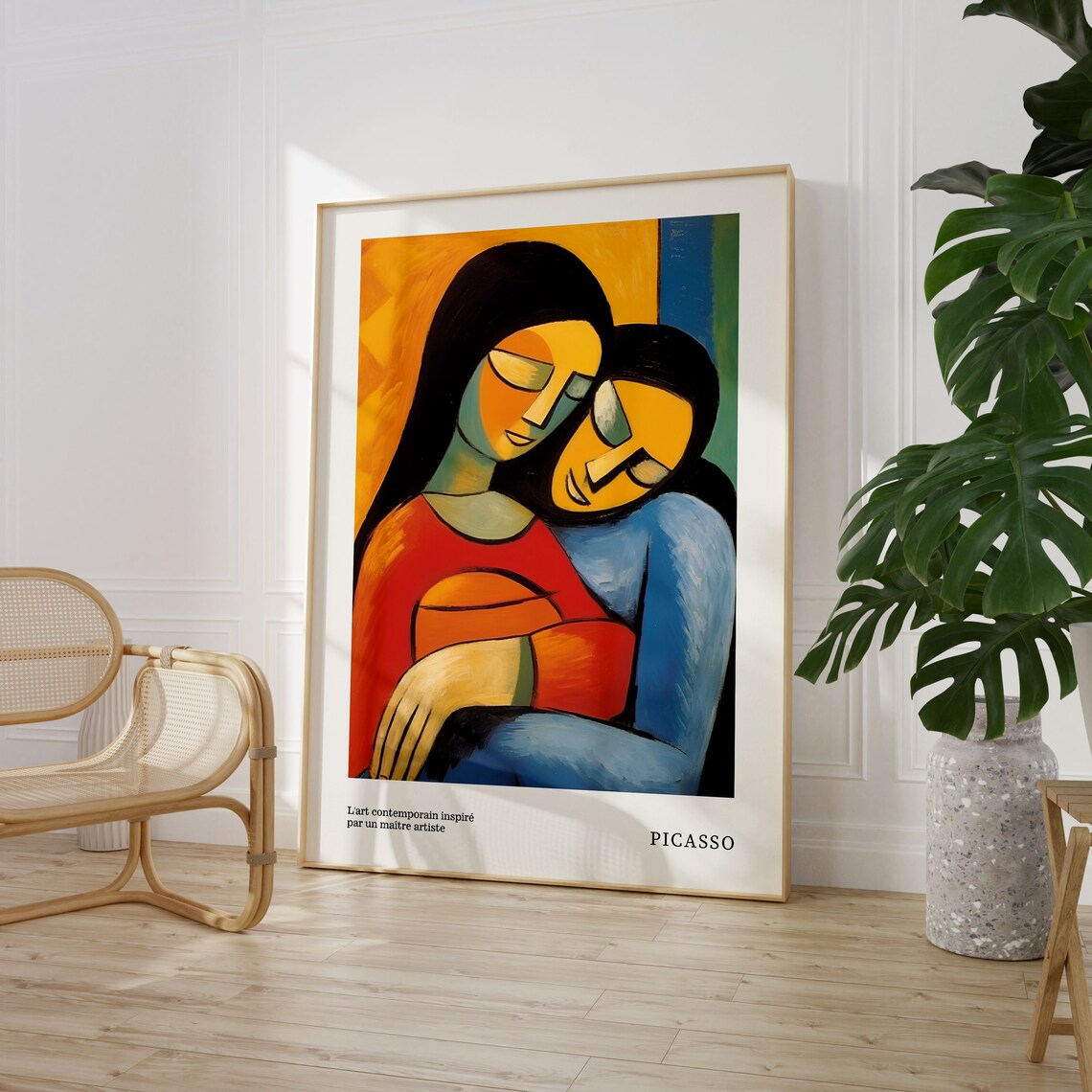 Picasso Style Cubist Embracing Couple Portrait Warm Orange Blue Art Poster