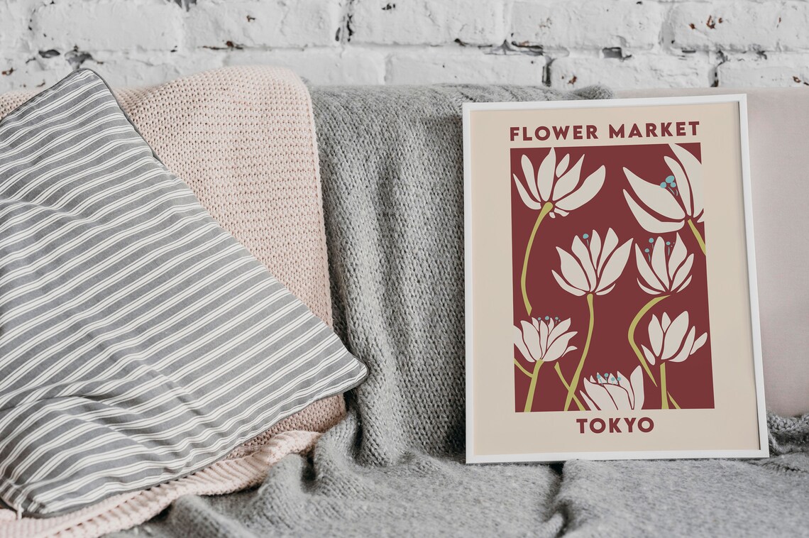 Tokyo Flower Market Maroon Background Print White Lily Floral Art - Image 4