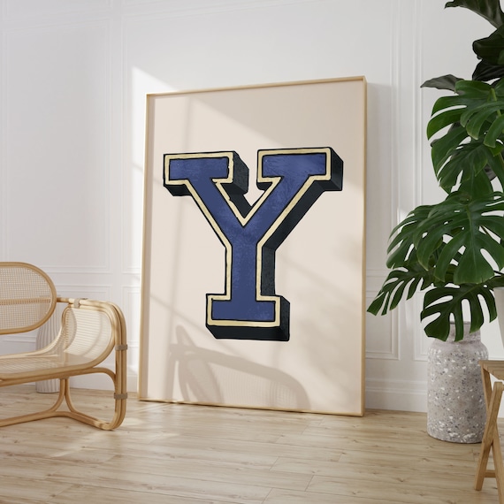 Letter Y Navy Blue 3D Collegiate Alphabet Typography Boys Room Decor Poster