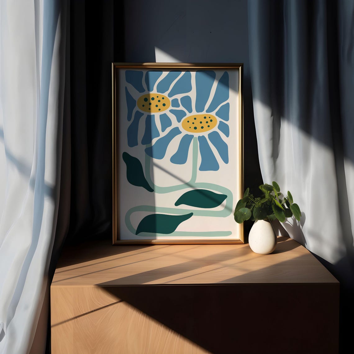 Matisse Style Blue Daisies with Dotted Centers Floral Poster - Image 5