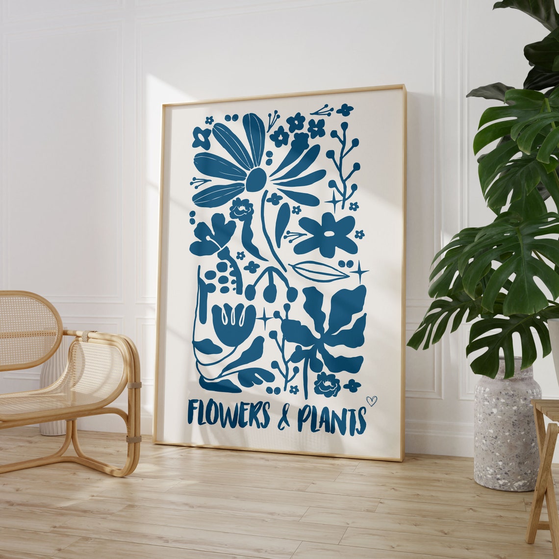 Navy Blue Flowers and Plants Vintage Botanical Illustration Poster
