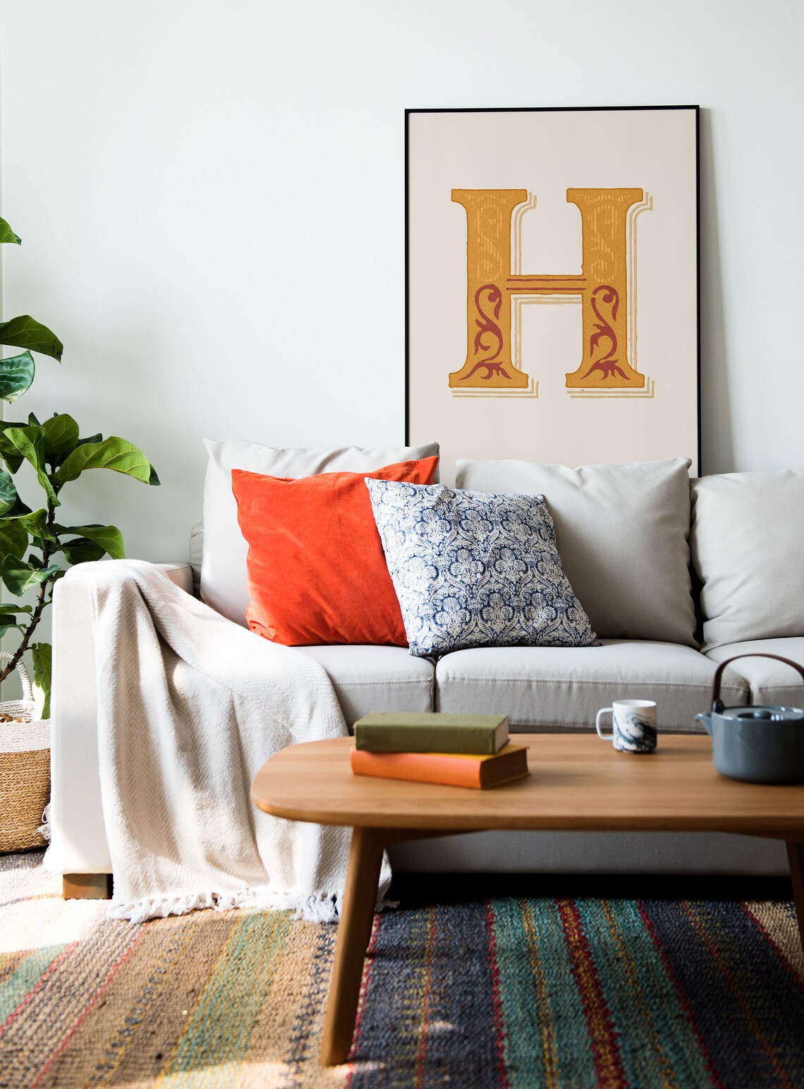 Letter H Mustard Yellow Floral Alphabet Typography Farmhouse Kitchen Poster - Image 2