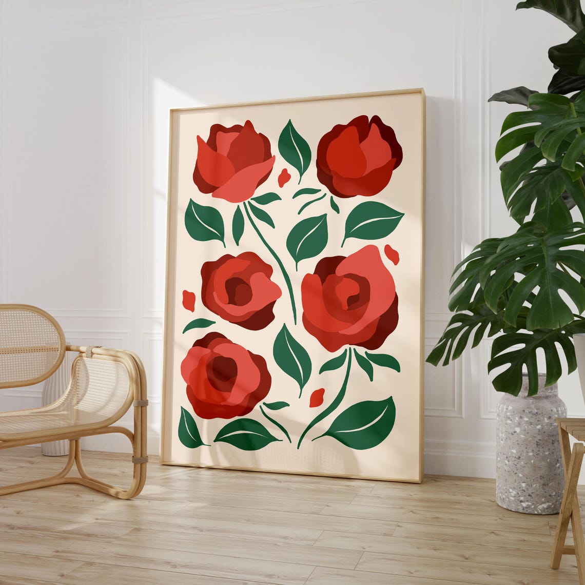 Red Rose Botanical Poster with Green Leaves on Cream Background