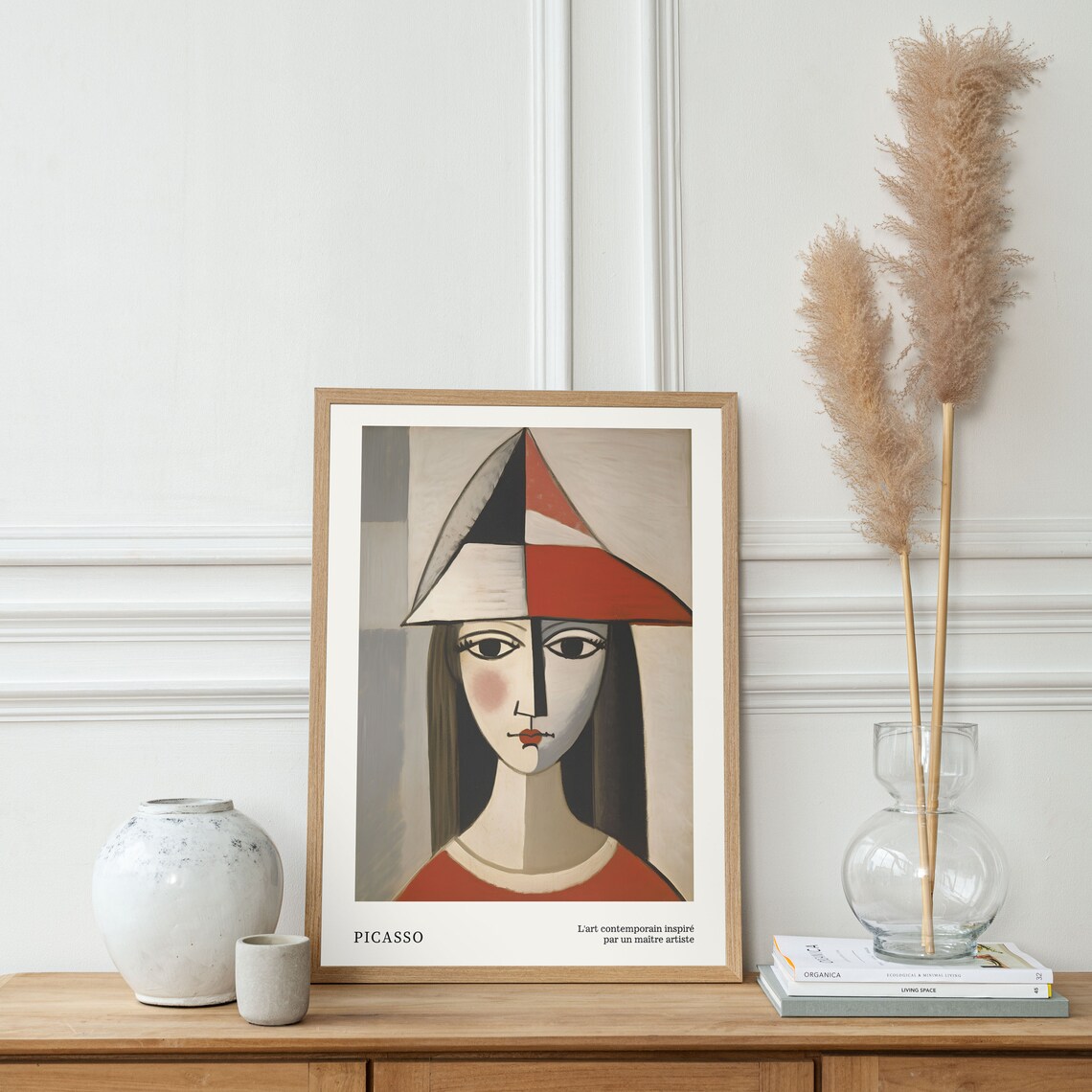 Picasso Style Cubist Woman Red Hat Portrait Neutral Beige Abstract Poster - Image 4