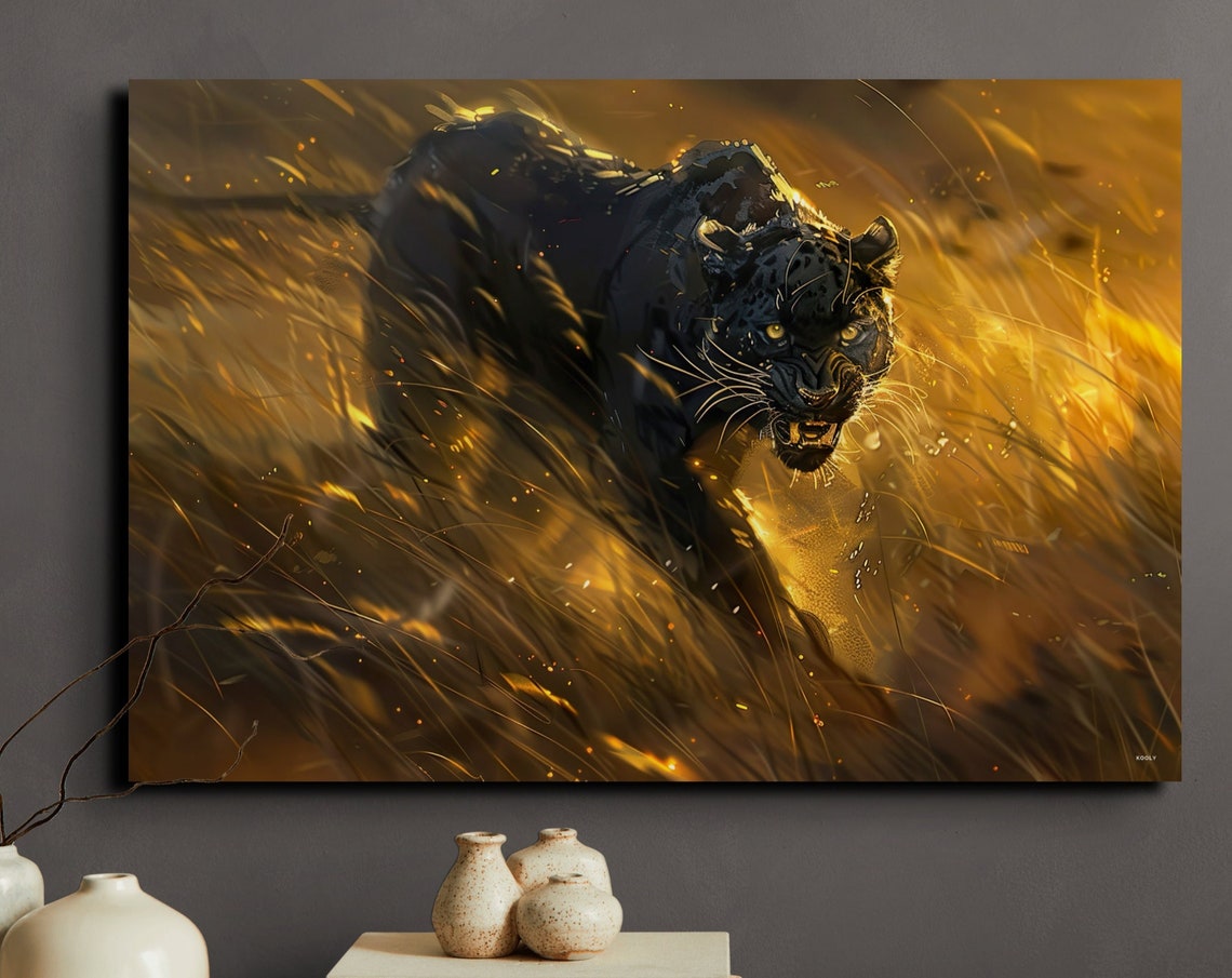 Black Panther Stalking Golden Grass Dramatic Wildlife Poster