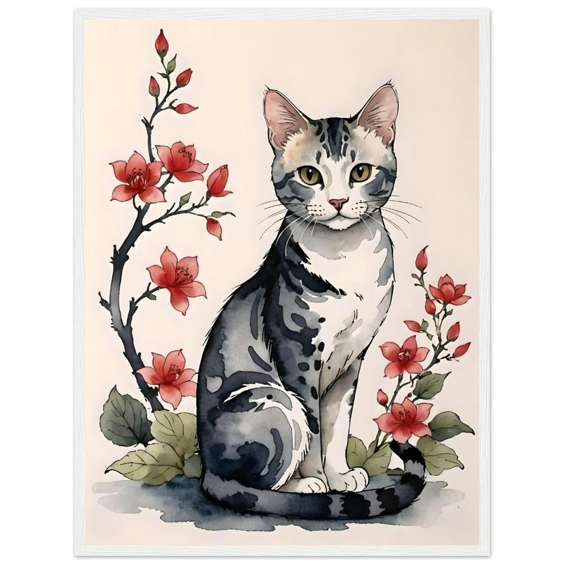 Gray Tabby Cat Watercolor With Red Blossoms Delicate Floral Art Poster