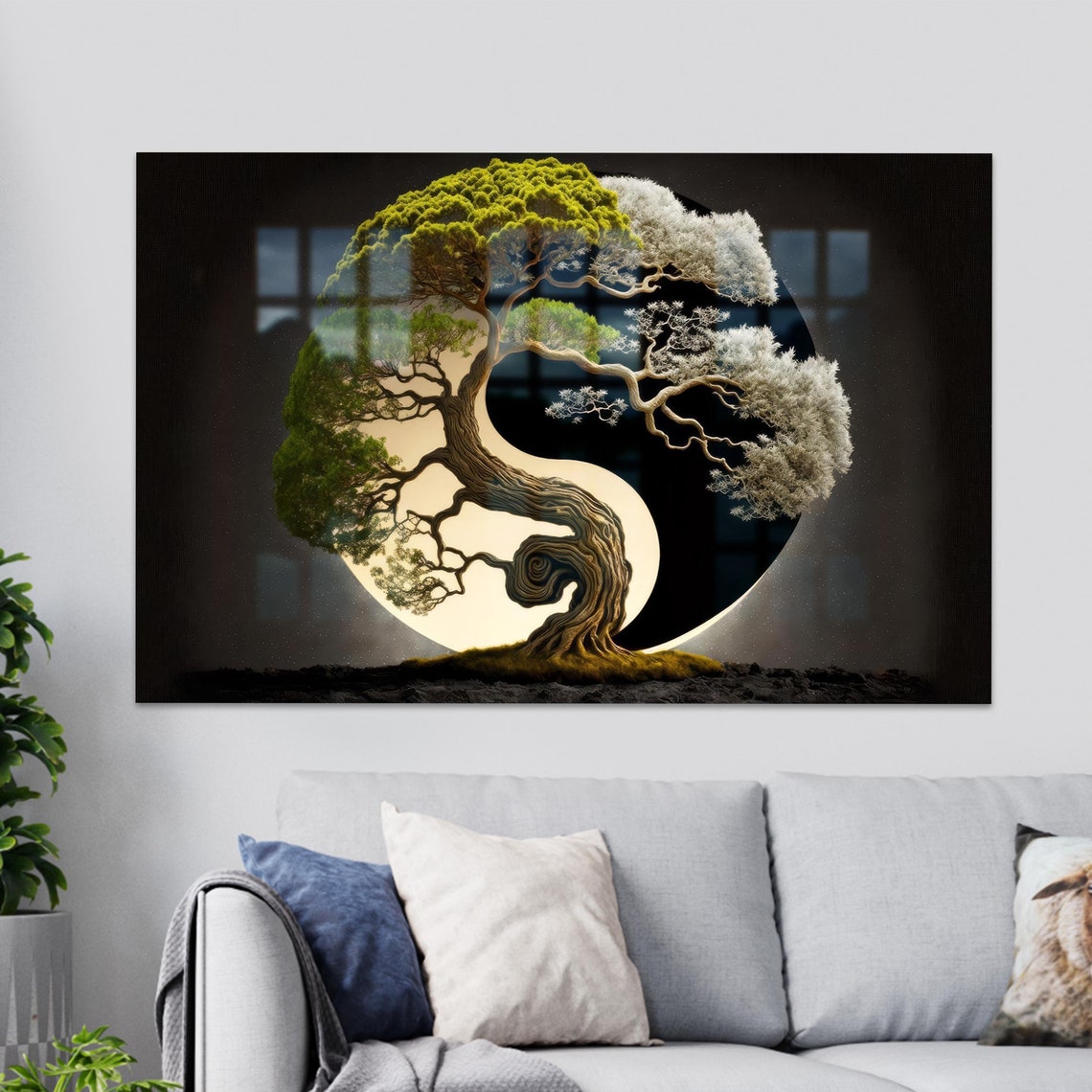 Bonsai Tree Yin Yang Moon Zen Harmony Black Background Poster