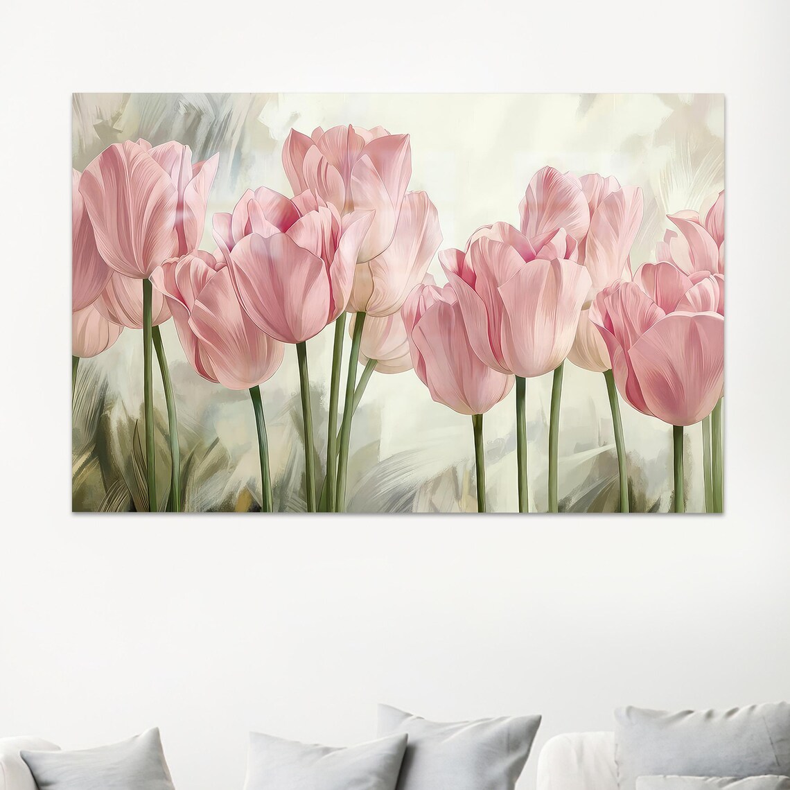 Elegant Soft Pink Tulips Row Spring Floral Painting Glass Wall Art
