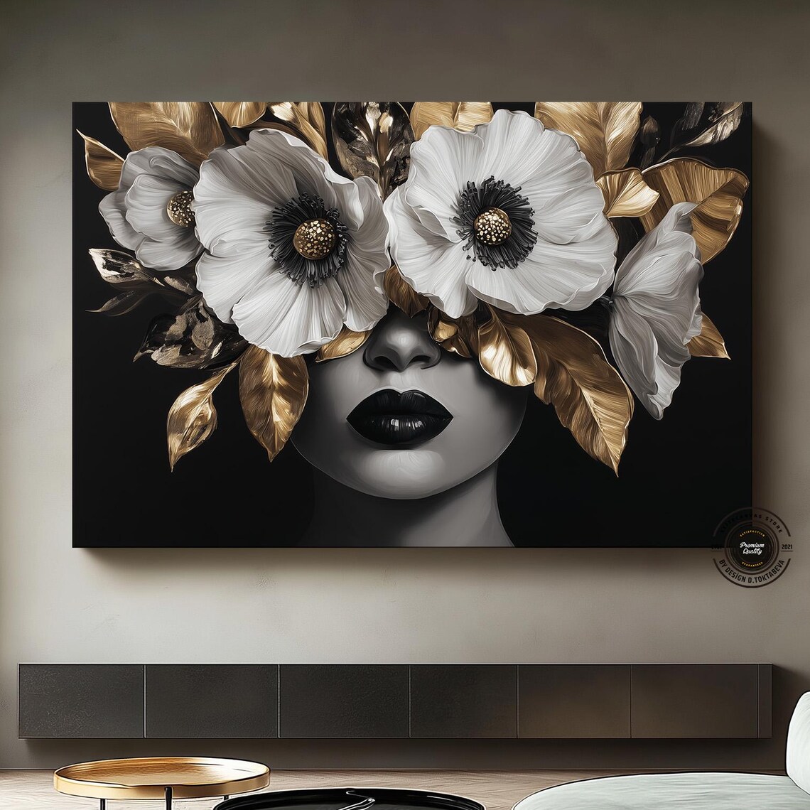 Black Gold Floral Portrait White Flowers Elegant Art Gift Poster