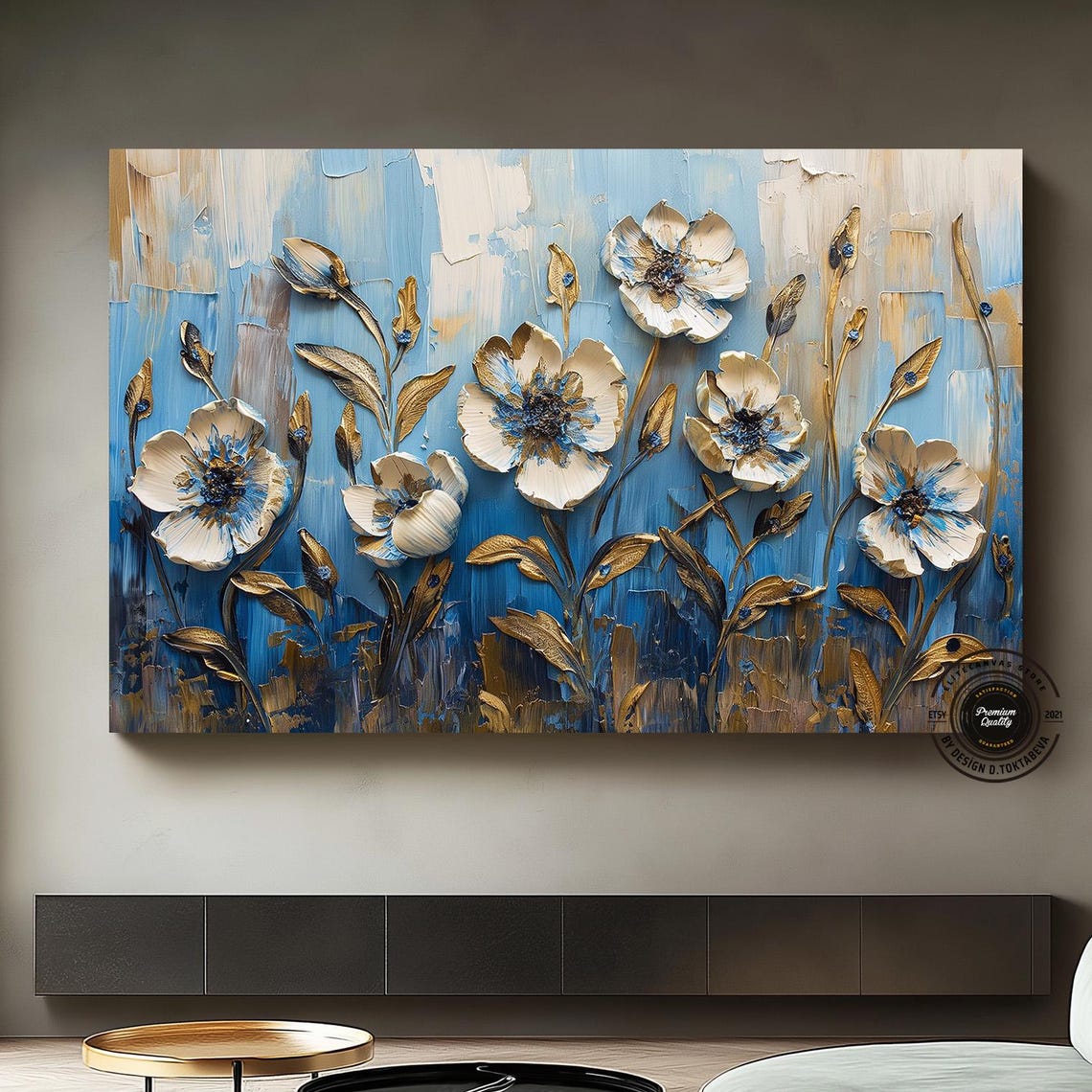 Textured White and Gold Floral Impasto Painting on Blue Poster