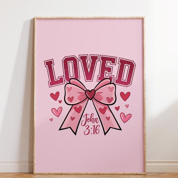 Loved Print Retro Christian Wall Art John Bible Verse Christian Poster Wall Decor Wall Art Pink Poster