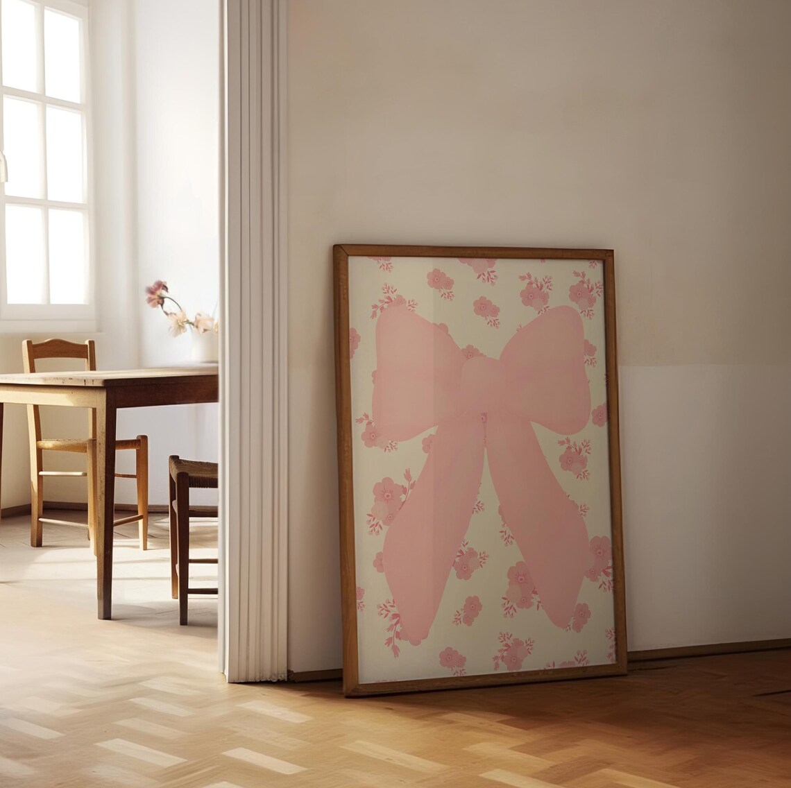 Pink Bow Coquette Wall Art Big Ribbon Floral Background Girly Print - Image 2