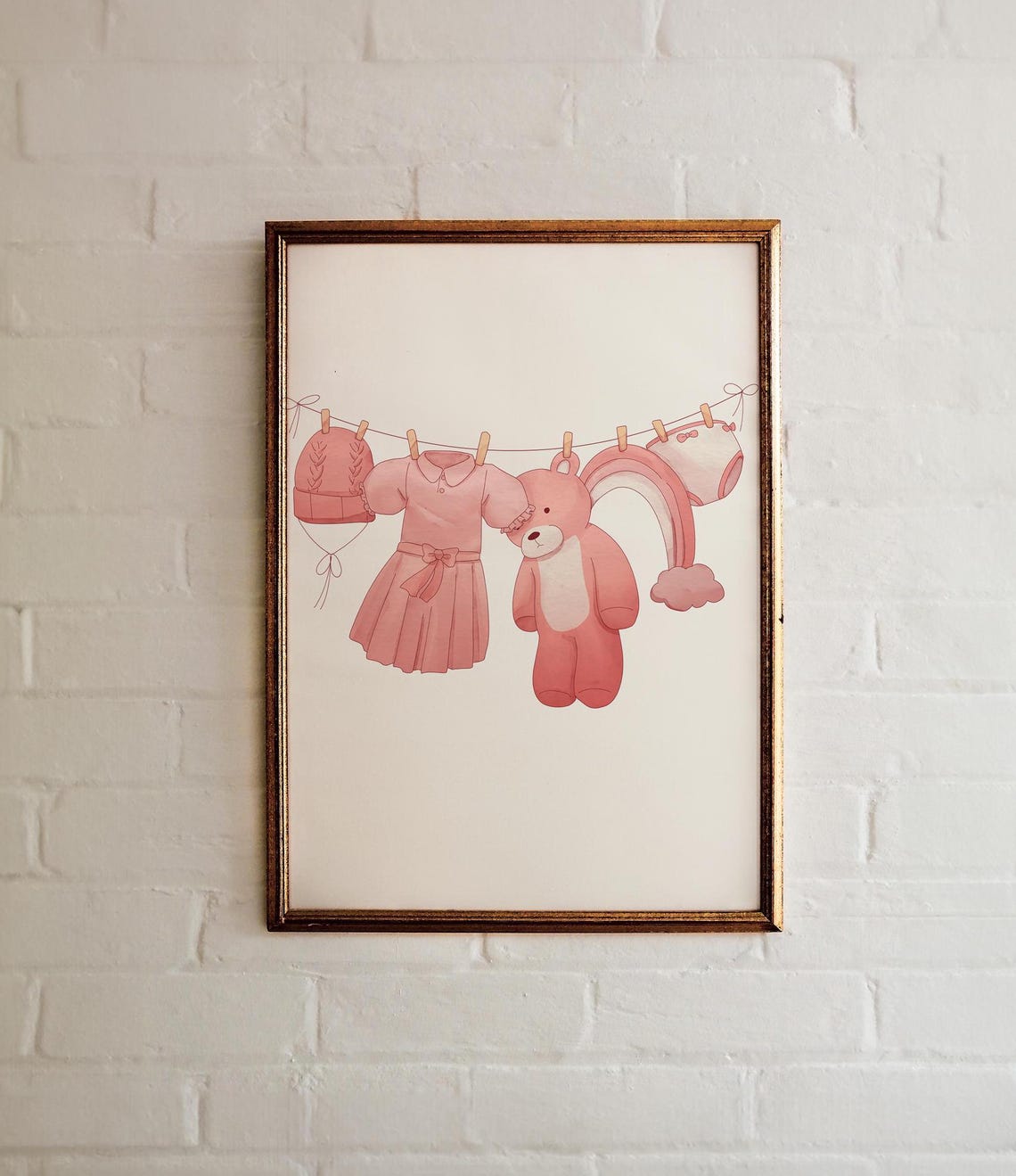 Pink Baby Girl Clothesline Teddy Bear Rainbow Nursery Wall Art - Image 2